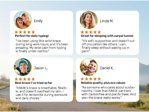Product review interface showing four customer testimonials with star ratings and profile images, discussing benefits of a wrist brace product.