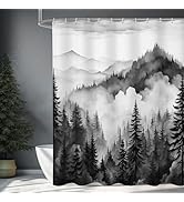 Litabel Black and Grey Misty Pine Forest Shower Curtain, Mountain Foggy Woodland Scenery Tree Sho...