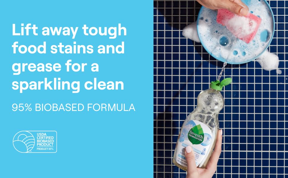 Lift away tough food stains and grease for a sparkling clean. 95% biobased formula.