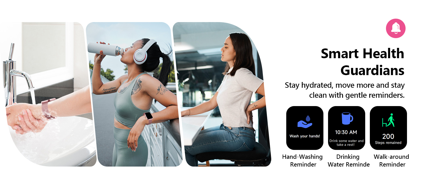 Smart Health Guardians app interface showcase with multiple lifestyle images and app store icons displaying fitness tracking features.