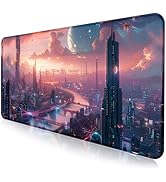Digital Anime City Night View Office Art Desk Mat, Female Aesthetic Style Oversized Stitched Edge...