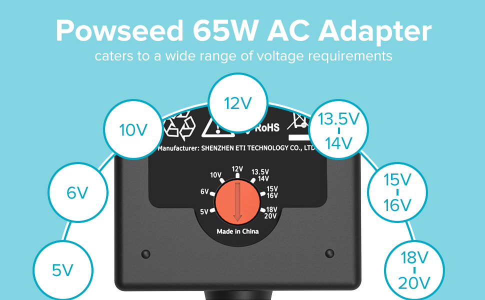 65w ac adapter 5v 6v 10v 12v 13.5v 14v 15v 16v 18v 19v 20v