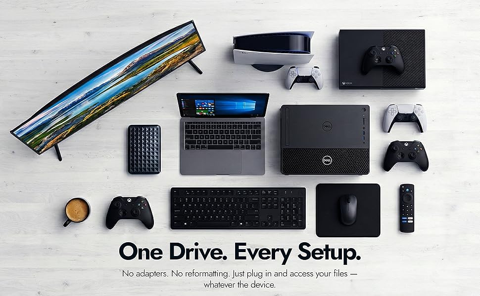 Text reads 'One Drive. Every Setup.' Multiple gaming and computer peripherals arranged on white surface including monitor, controllers, keyboard, and accessories.