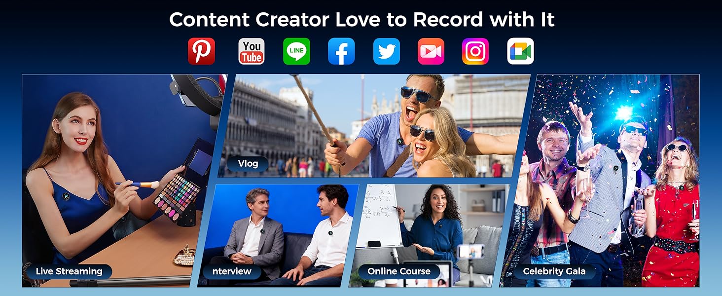 Text reads 'Content Creator Love to Record with it'. Composite image showing various recording scenarios with social media platform icons. Multiple panels demonstrate different content creation settings.