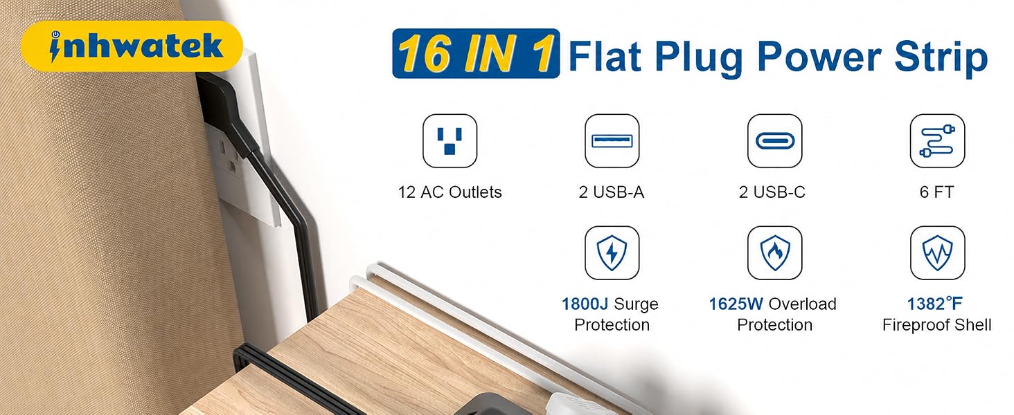 6ft strip plug with surge protector with usb-c 20w fast charging
