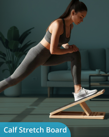a woman stretching on a calf board