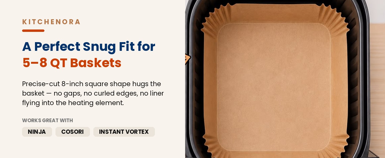 8 inch precise-cut square air fryer liner fitting snugly in 5-8 quart basket
