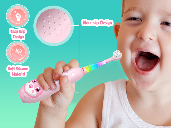 Colorful LED light makes brushing fun, Non-slip handle easy to hold for babys