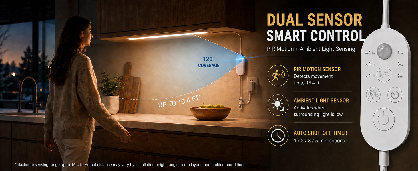 Dual sensor smart control with PIR motion and ambient light detection for under cabinet lighting
