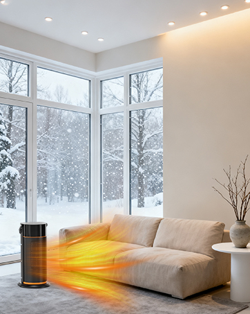 Modern living room interior with large windows showing snowy landscape outside. Space heater visible producing warm glow near white furniture.