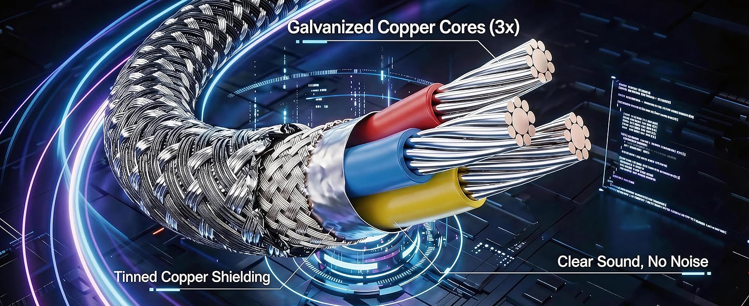 Internal structure of aux cord showing copper cores and braided shielding.