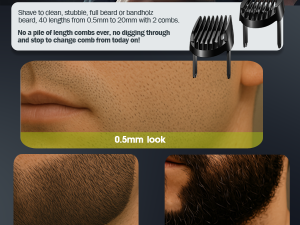 40-Setting Beard Trimmer to trim to clean, stubble or full beard length: 0.5mm to 20mm