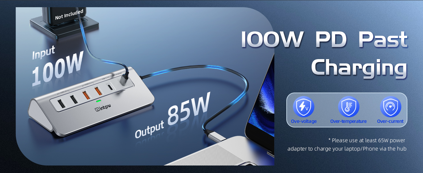 USB charging hub with 100W input and 85W output. Features multiple USB ports, blue LED indicators, and a connected laptop. Advertises fast charging capability.
