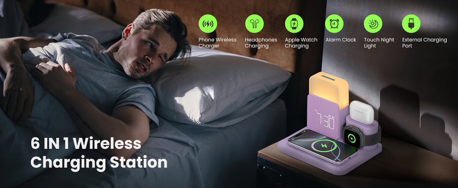 Wireless Charging Station, 7 in 1 Wireless Charger Stand with Alarm Clock