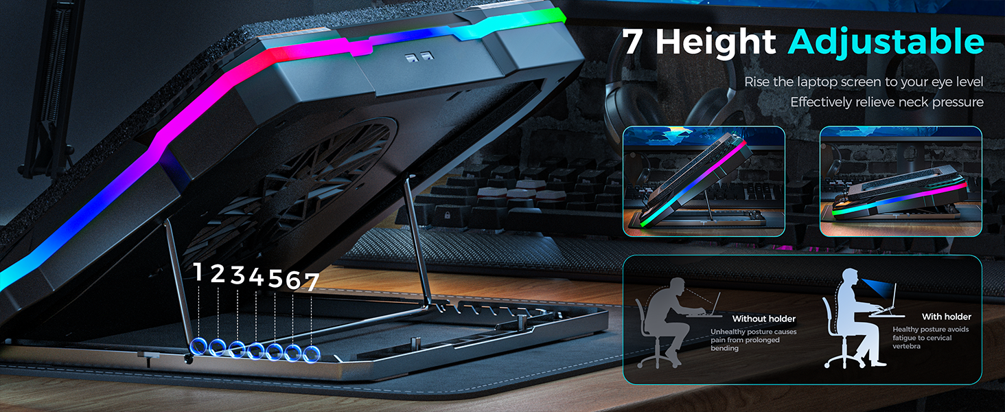 7 heights adjustment for laptop fan cooling