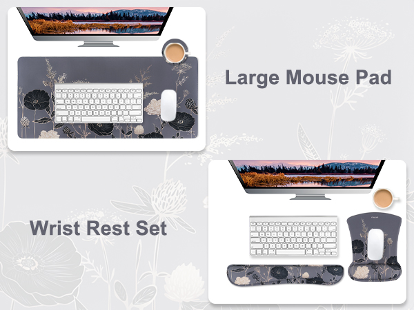 Text reads 'Large Mouse Pad' and 'Wrist Rest Set'. Computer accessories showing extended mousepad and ergonomic wrist support with scenic landscape design.