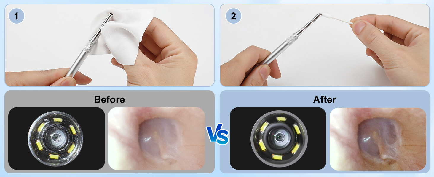 Ear camera lens cleaning before and after comparison for clear HD view