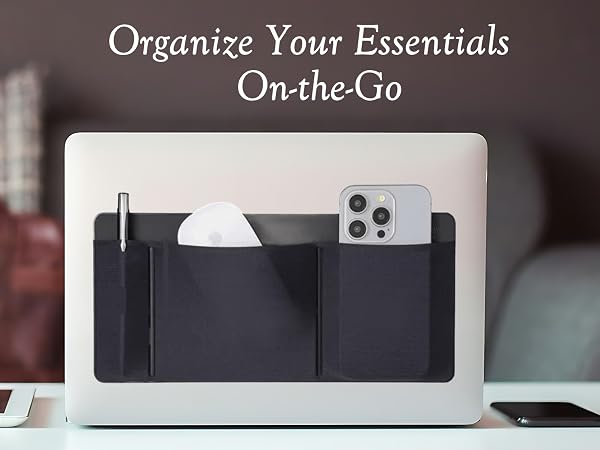3-Pocket Stick-On Laptop Organizer with 3M adhesive on MacBook, holding hard drive, mouse