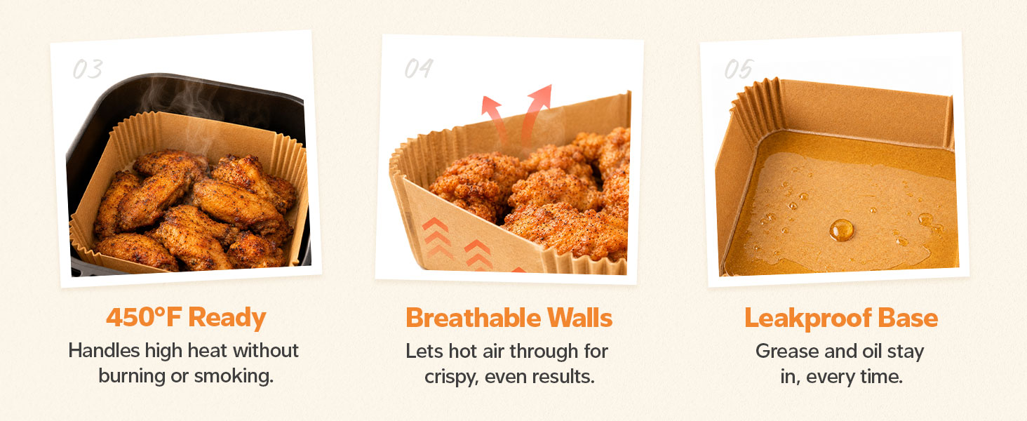 Hands holding heat resistant air fryer liner safe to 450F with breathable leakproof base