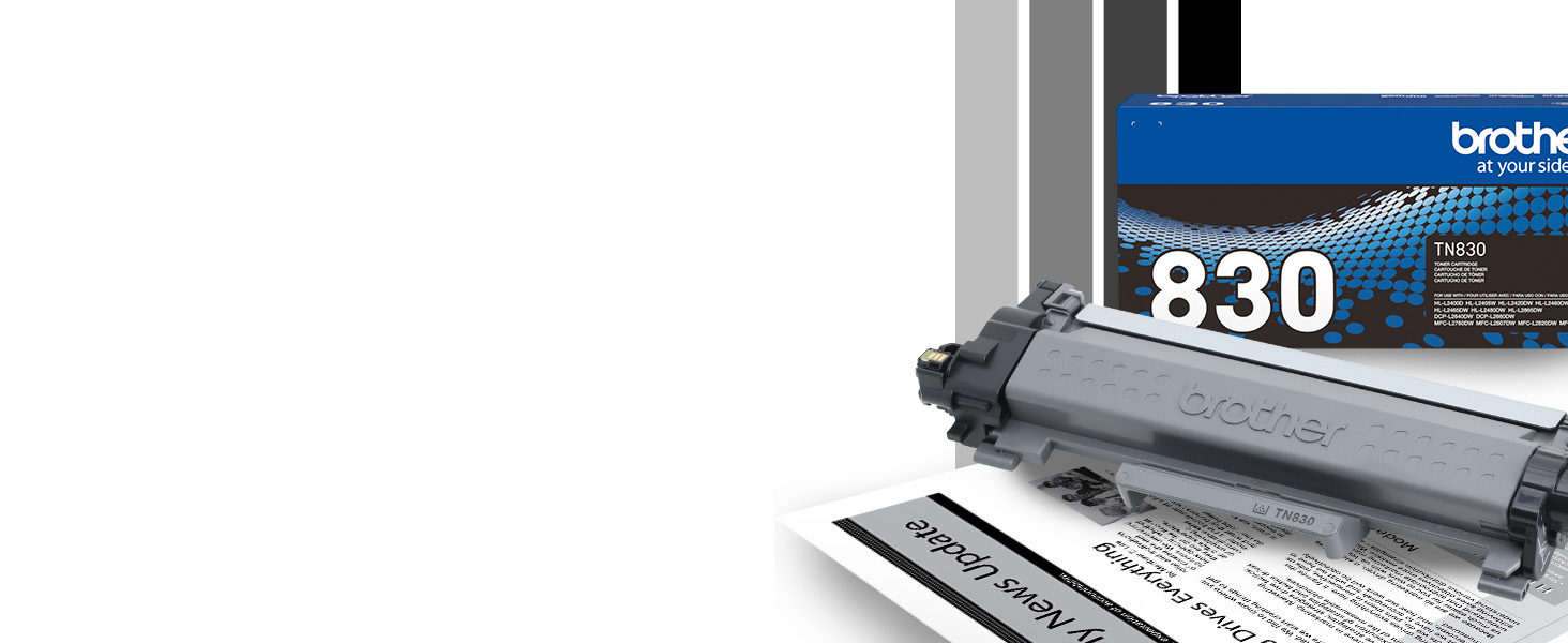 Brother Genuine TN830 standard yield black toner carton with cartridge and black &amp; white documents