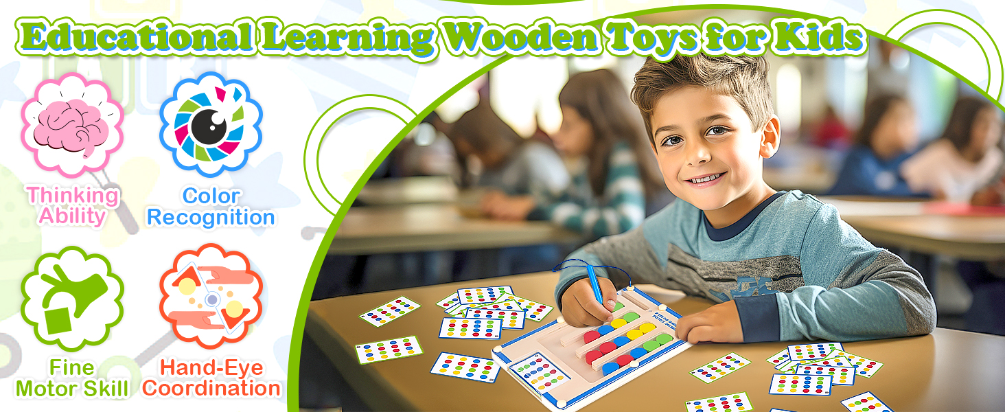 Educational wooden toys for kids with benefits listed: thinking ability, color recognition, hand-eye coordination, and motor skill development.