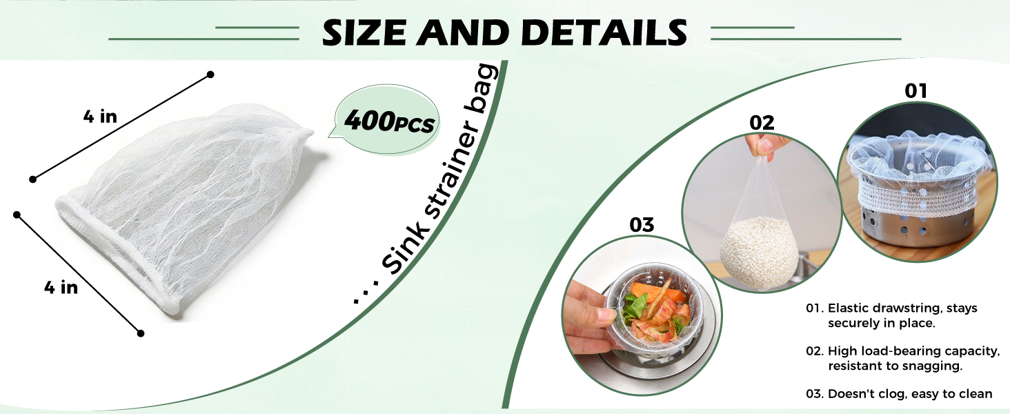4×4 inch sink strainer bags (400pcs total). Elastic edge and high load-bearing capacity