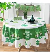 Karseteli Round St. Patrick's Day Tablecloth, Shamrock and Gnome with Green Hat Table Cloth, Wash...