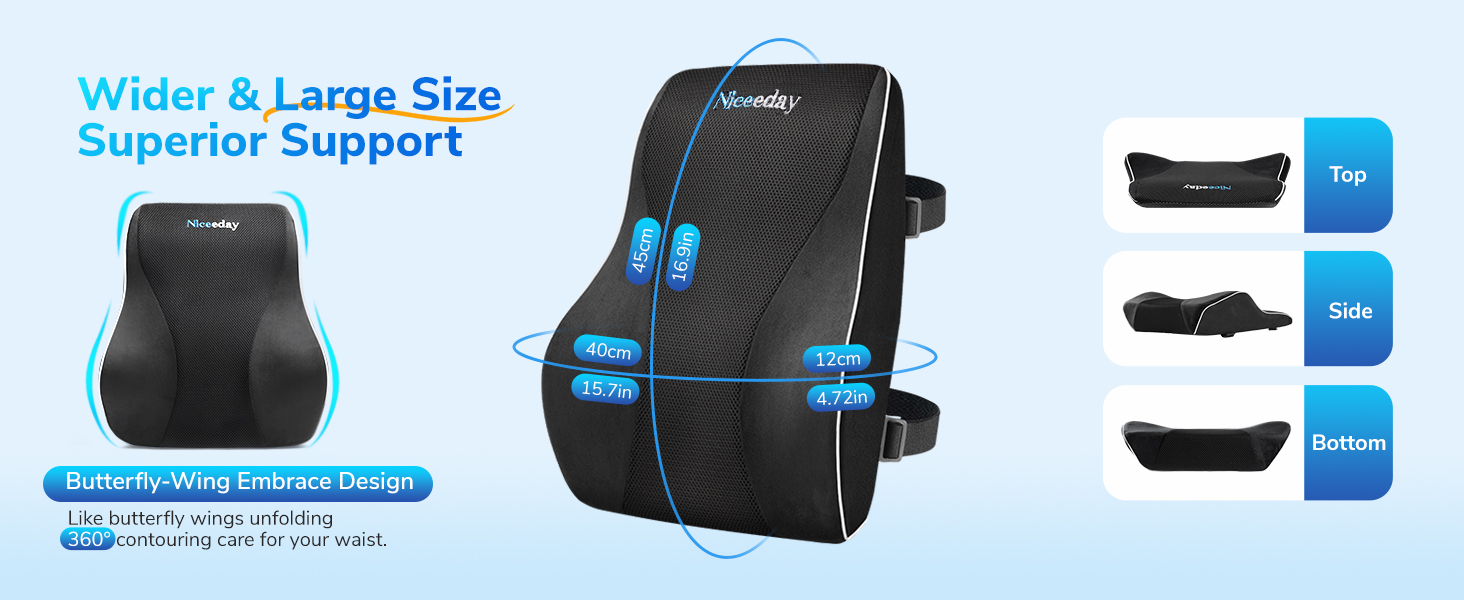Text reads 'Wider &amp; Large Size Superior Support'. Product images showing blue and black lumbar support cushion from multiple angles.