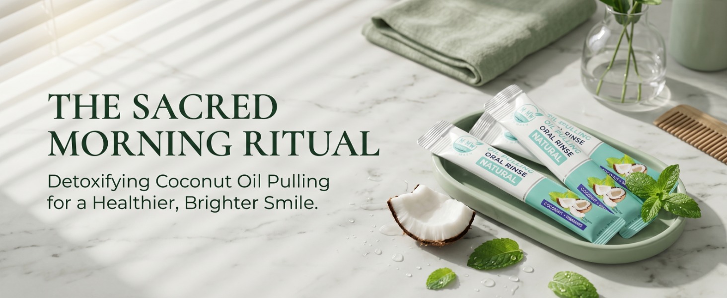 The Sacred Morning Ritual: Coconut oil pulling mouthwash packets on a marble counter.