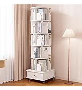 Ywin 6 Tier Solid Wood Rotating Bookshelf with Wheels, 360°Spinning Book Shelf Tower with Storage...