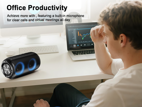 Text reads 'Office Productivity'. Shows desktop setup with webcam and computer monitor, depicting virtual meeting or remote work environment.