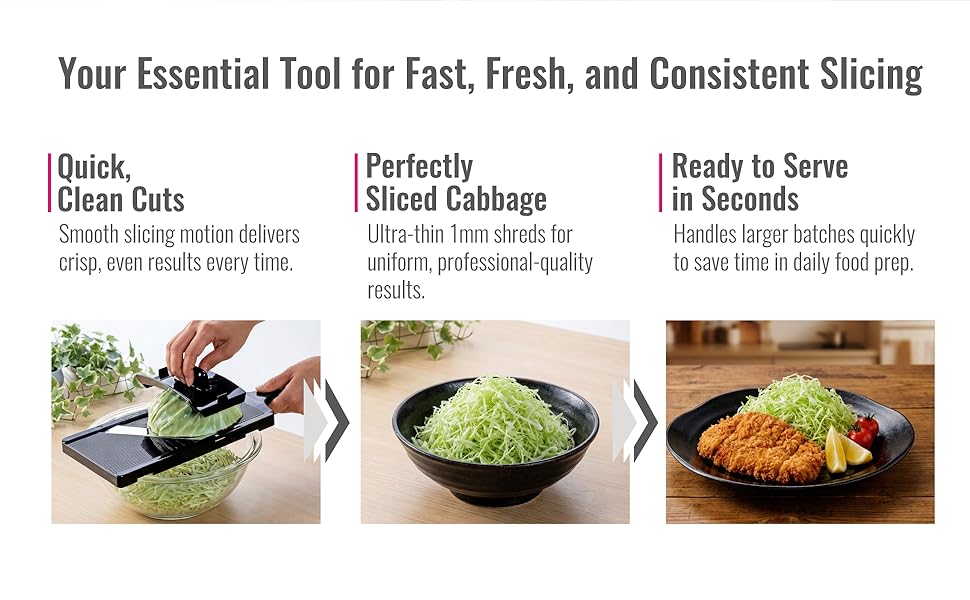 Handheld mandellin slicing cabbage into thin shreds, best tool for fast prep