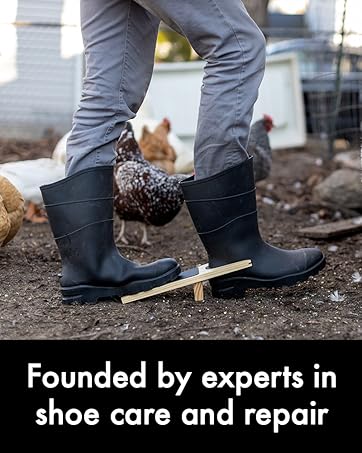 A man uses a boot puller. Text reads "founded by expers in shoe care and repair"
