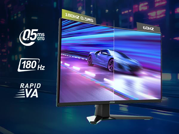 32” 1000R curved WQHD Rapid VA display with 180Hz refresh and 0.5ms response time.