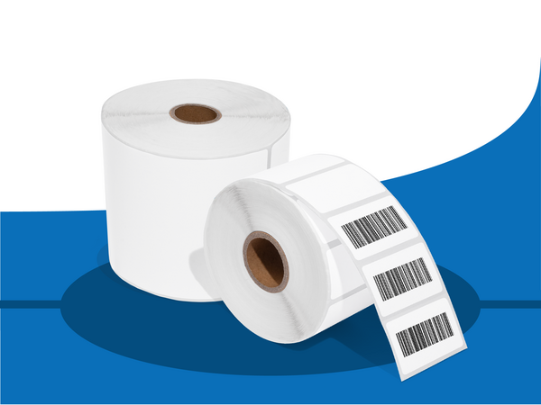 Two direct thermal label rolls, one with printed barcode stickers, on a blue and white background.