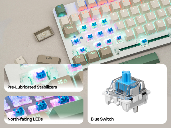 Series of close-up photos showing mechanical keyboard components including blue switches, LED lighting, and technical elements.