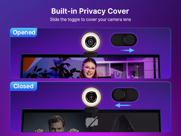 Built-in privacy cover of the N680E Pro shown open and closed