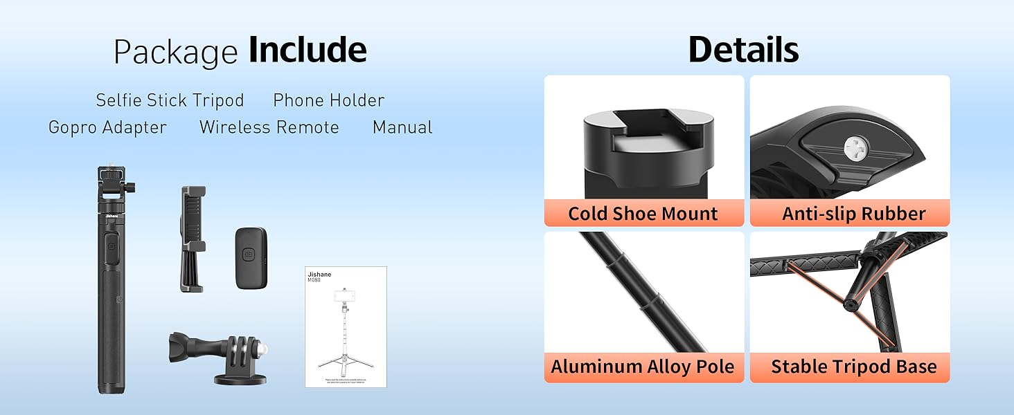 Jishane camera tripod selfie stick with remote and phone holder