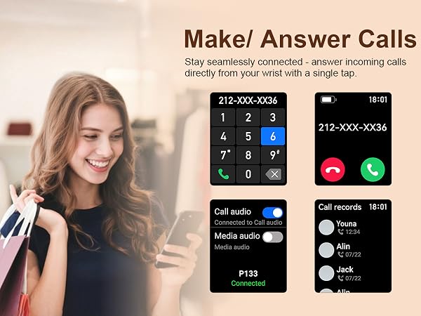 Text reads 'Make/Answer Calls', '212-XXX-XXXX', 'P133'. Woman demonstrating smartphone call interface with incoming/outgoing call screens, contact lists, and call duration display features.