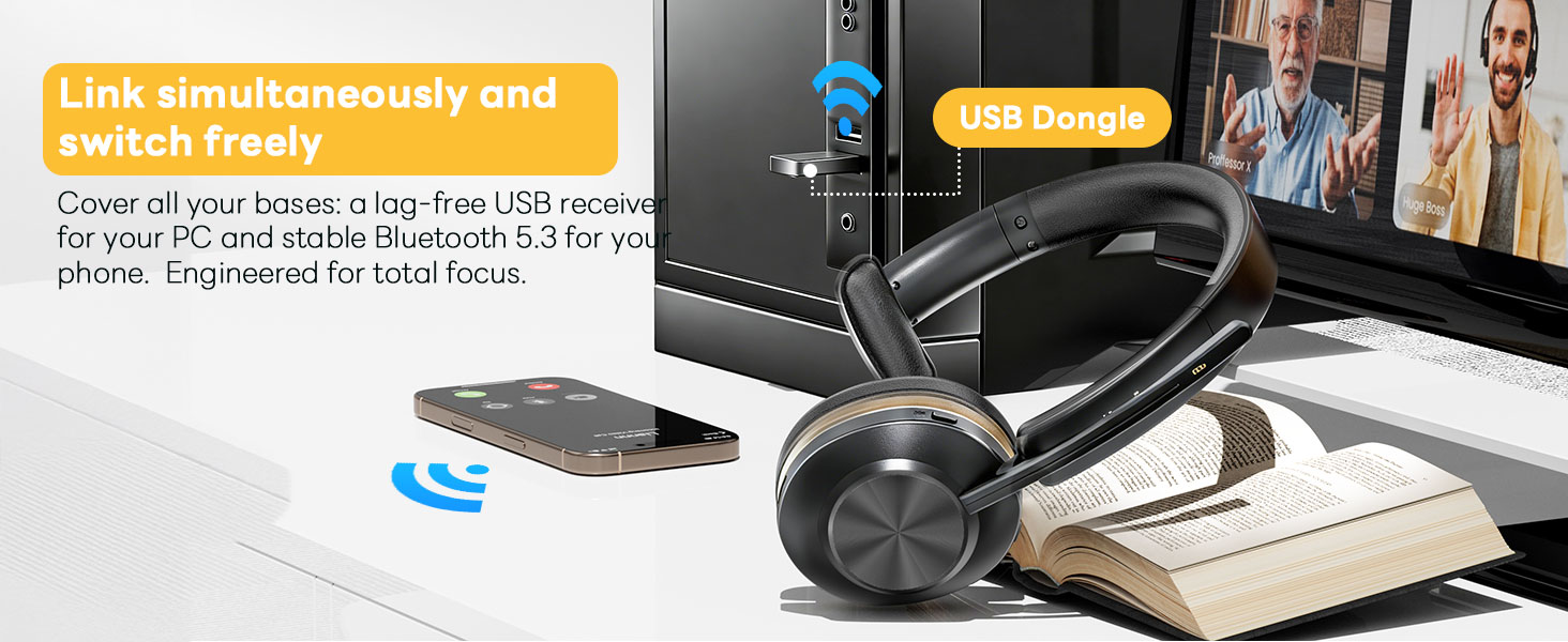 Text reads "Link simultaneously and switch freely", "One-4 If you come a Stay-free USB cable by now~19 months 44 months in a month 44 months". Black over-ear headphones with coiled cable displayed on desk with laptop and desk accessories.