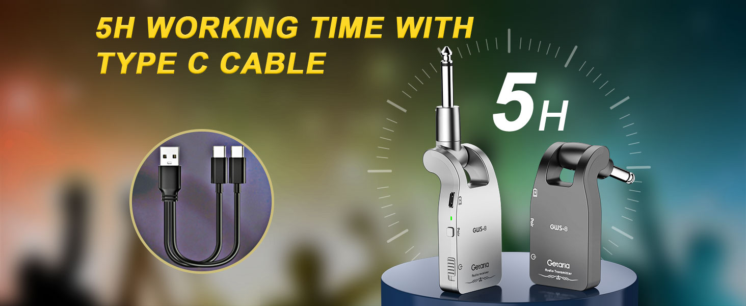 Electronic devices with Type-C cable. Text indicates 5H working time. Image shows cable, power bank, and charging device against blue background with clock illustration.