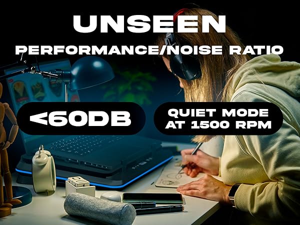 Text reads 'UNSEEN', 'PERFORMANCE/NOISE RATIO', '<60DB', 'QUIET MODE AT 1500 RPM'. Technical specifications display with dark background showing performance metrics.