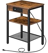 HOOBRO End Table with Charging Station and USB Ports, 3-Tier Nightstand with Adjustable Shelf, Sm...