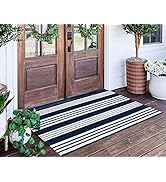 Blue and White Striped Rug 24'' x 51''Outdoor Front Porch Rug Hand-Woven Machine Washable Indoor/...