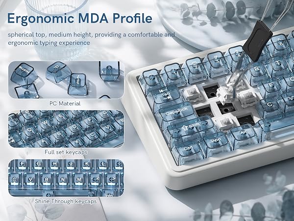 Blue Clear keycaps,Transparent Keyboard keycaps,Jelly Key caps Set,Shine Through keycap,MDA Profile