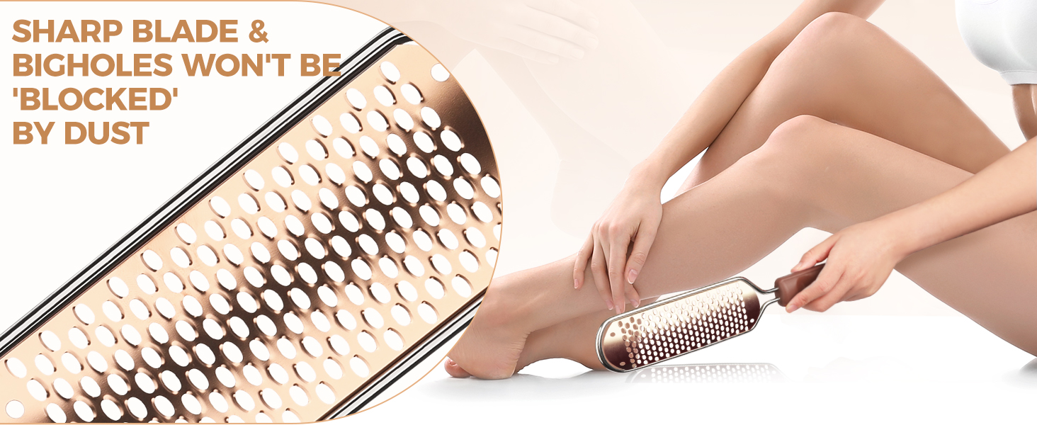 Close-up of a metallic foot file or grater with honeycomb-pattern holes, advertised as having sharp blades that won't get blocked by debris.