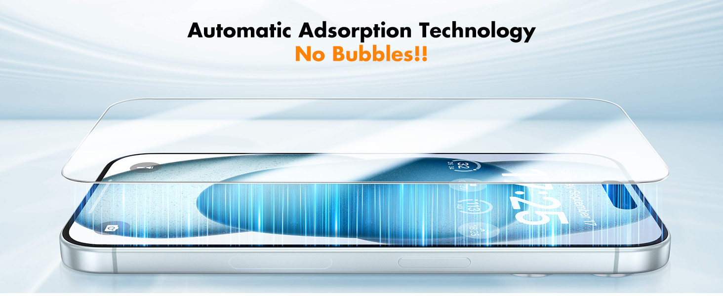Smartphone screen protector illustration showing 'Automatic Adsorption Technology' with 'No Bubbles!' text. Depicts clear glass overlay on phone display.