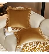 KKJIAF Golden Camel Velvet Throw Pillow Covers 18 x 18 Inch Set of 2, Ruffle Euro Pillow Shams Ve...