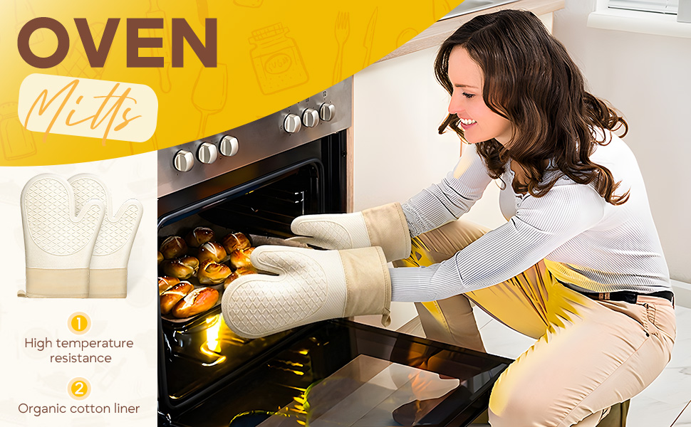 Oven Mitts 2 Pack,Silicone Heat Resistant Non-Slip Gloves with Cotton Lining for Baking Cooking