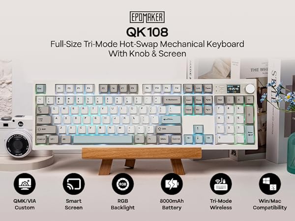 Text reads 'QK108' and 'Full Size TH Modo Hot Swap Mechanical Keyboard With Knob &amp; Screen'. White mechanical keyboard with RGB lighting and display screen.